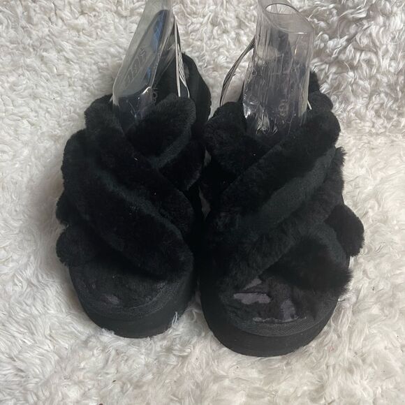 UGG Disco platform Cross Genuine Shearling Fuzzy Black Slide Sandals SZ10 . - Picture 3 of 16